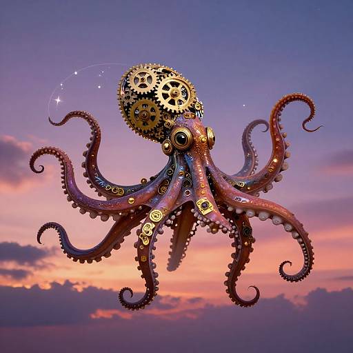 Digital artwork of a steampunk-style octopus with gear-adorned head and purple-pink tentacles, floating against a vibrant sunset sky with