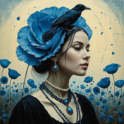 Surreal Portrait of Woman with Raven and Blue Poppies