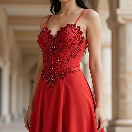 Photograph of a woman in a vibrant red, lace-embellished, spaghetti-strap evening gown, standing in a sunlit, arched