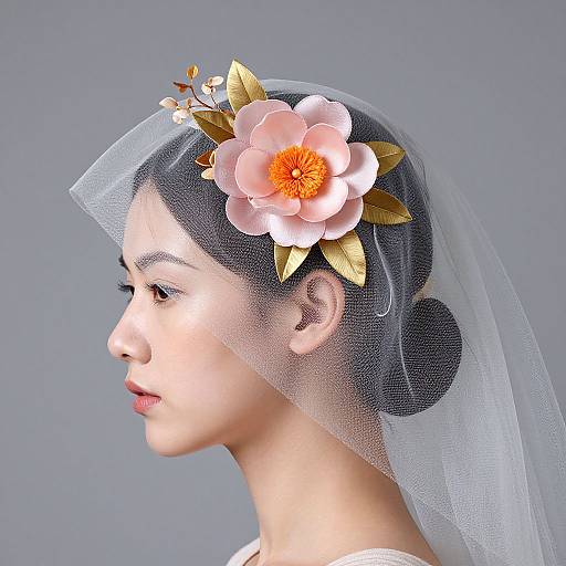 Photograph of an Asian woman in profile, wearing a white veil adorned with a pink flower and gold leaves, against a gray background.