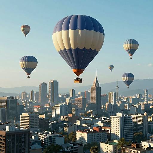 Photograph of a clear blue sky with five colorful hot air balloons, including a prominent blue and white one, hovering over a bustling urban cityscape featuring