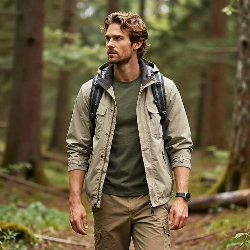 Photograph of a handsome, bearded man with wavy brown hair, wearing a beige jacket, green shirt, khaki pants, and black backpack