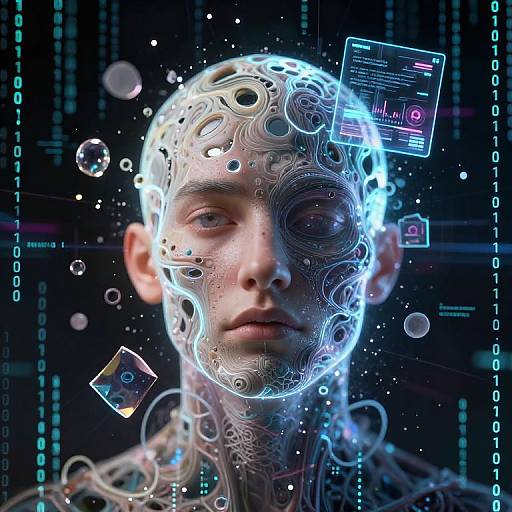 Digital CGI of a bald, androgynous face with glowing, intricate circuitry patterns, floating data cubes, and neon blue interfaces against a dark