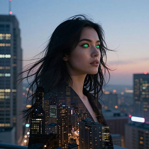 Photograph of a woman with glowing green eyes, wet black hair, wearing a sequined jacket, standing on a rooftop at dusk, cityscape with