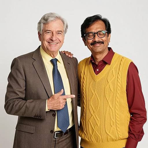 Two Men Standing Together with Friendly Gestures