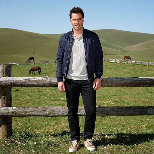 Photograph of a smiling man with short dark hair, wearing a navy jacket, white shirt, black pants, and beige shoes, standing in a grass