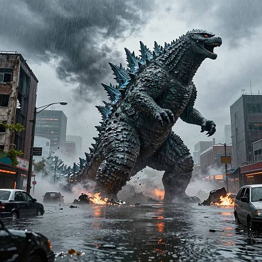 Godzilla's Rainy City Destruction