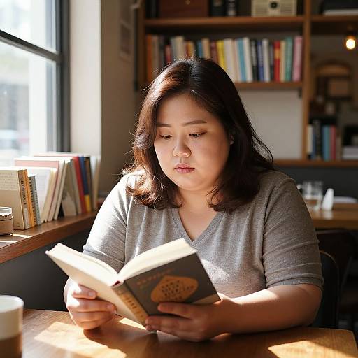 Photograph of an Asian woman with shoulder-length black hair, wearing a gray V-neck shirt, reading a book in a sunlit, book-filled café