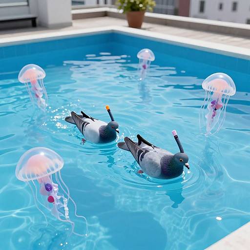 Photograph of two black-and-white pigeons swimming in a bright blue pool with five translucent jellyfish toys. Sunlit rooftop background.