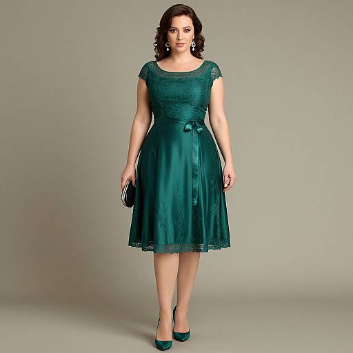 Photograph of a curvy woman with fair skin and dark brown hair, wearing a teal lace-knit dress, satin skirt, and matching heels,