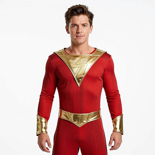 Photograph of a muscular man with short brown hair, wearing a red superhero costume with gold accents, standing against a white background.