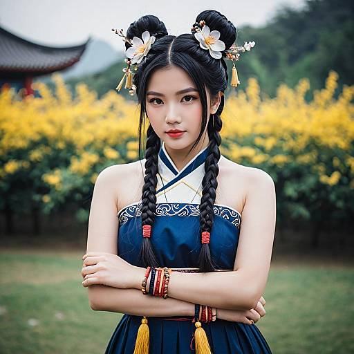 Asian Woman in Traditional Chinese Dress with Double Buns