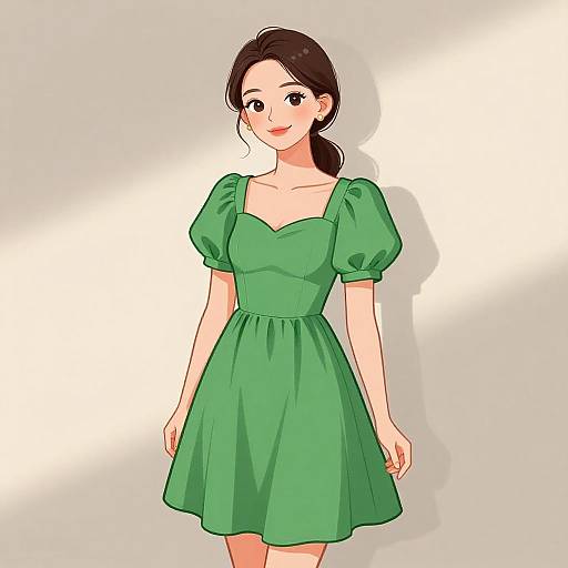 Digital anime-style drawing of a smiling woman with fair skin, dark brown hair in a ponytail, wearing a green, puffed-sleeve dress