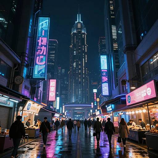 Neon-lit urban street at night, bustling with pedestrians. Vibrant blue, pink, and white neon signs illuminate skyscrapers. Wet pavement