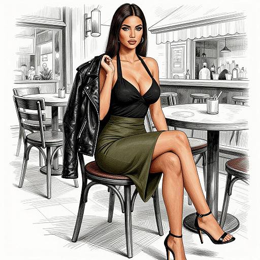 Digital drawing of a dark-haired woman in a black halter top and olive skirt, sitting in a café, crossing legs, wearing black heels, holding