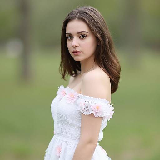 Photograph of a young woman with fair skin, long dark brown hair, and brown eyes, wearing an off-shoulder white lace dress, standing