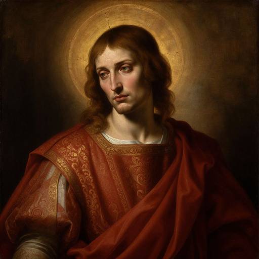 Digital painting of Jesus Christ with long brown hair, fair skin, and a golden halo, wearing a red, ornately patterned robe. Dark,