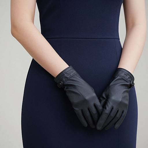 Photograph of a person in a black dress, wearing black leather gloves with button details, standing against a white background.