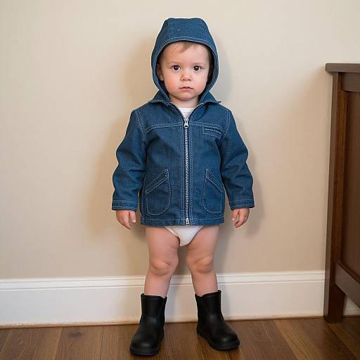 Photograph of a fair-skinned toddler standing on wooden floor, wearing a blue denim hooded jacket, white underwear, and black ankle boots, against