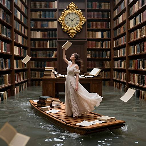 Photograph-style CGI: Elegant woman in white dress stands on wooden boat in flooded library, tossing books, reaching for clock above.
