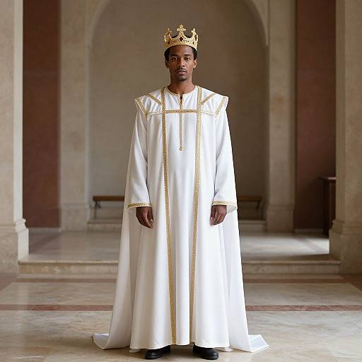 Photograph of a Black man in a white regal robe and gold crown, standing in an ornate, stone-walled hall.