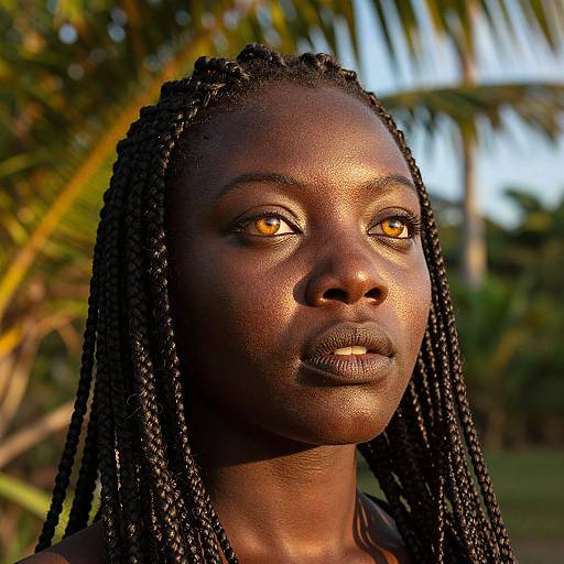 Photograph of a dark-skinned African woman with golden eyes, long braided hair, and a serious expression, set against a sunlit tropical background