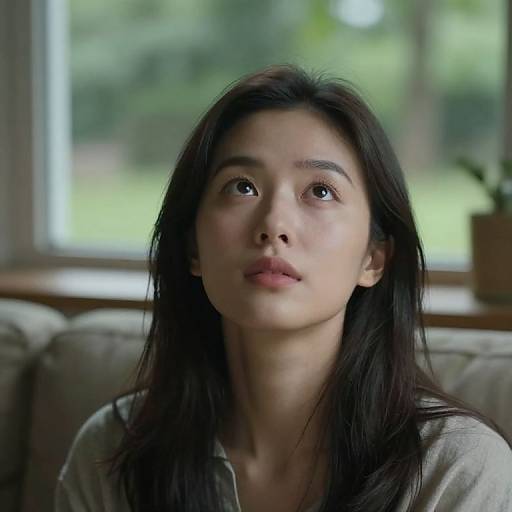 Thoughtful Asian Woman Looking Up Indoors