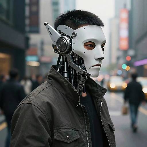 Cyborg with white mask and mechanical headgear in dark jacket, standing in blurred city street with lights and people. Photorealistic CGI.