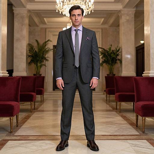 Photograph of a handsome man in a dark suit, white shirt, and gray tie, standing in an opulent, marble-floored hall with