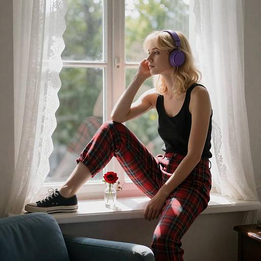 Woman Relaxing by Window with Headphones