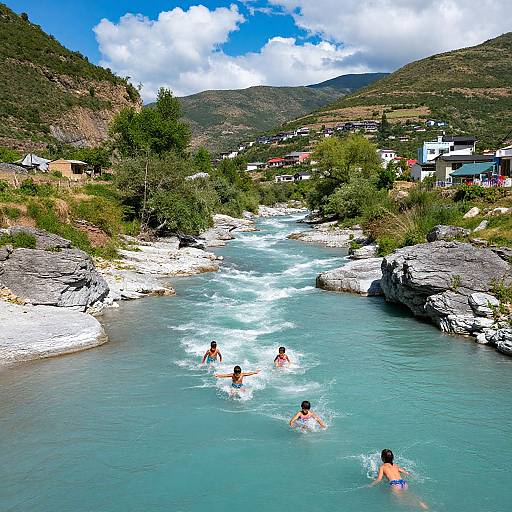 Photograph of seven people swimming in a turquoise river, surrounded by rocky banks and green hills, with houses and trees in the background under a bright blue