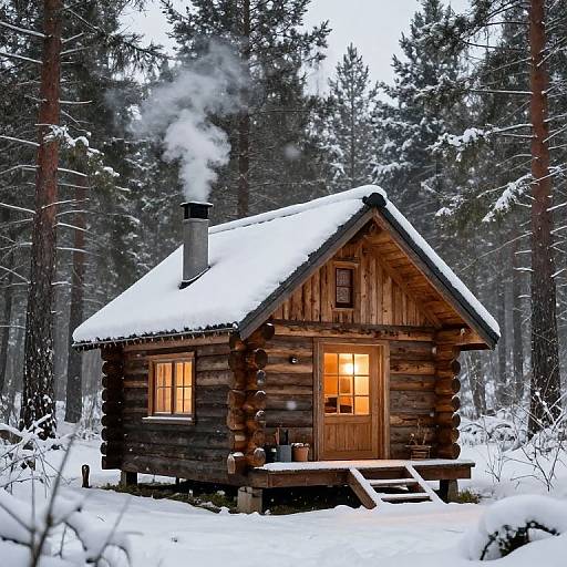 Photograph of a wooden log cabin with snow-covered roof, lit windows, smoking chimney, in a snowy forest with tall pine trees.