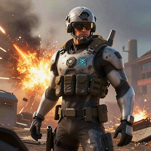 CGI image of a muscular male soldier in futuristic armor, helmet, and visor, standing amidst a fiery, explosive urban battlefield.