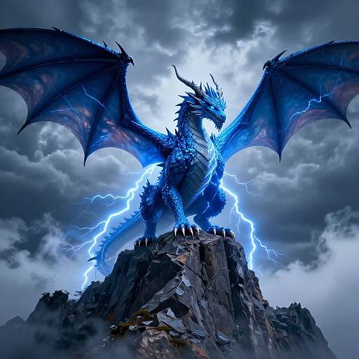 Digital artwork of a fierce blue dragon with glowing lightning, standing on a rocky peak, wings spread wide, against a stormy sky.
