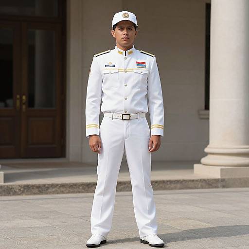 Photograph of a young male naval officer standing in front of a building, wearing a white uniform with gold trim, white cap, and black shoes,