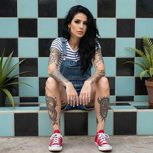 Tattooed Woman by Geometric Tile Wall