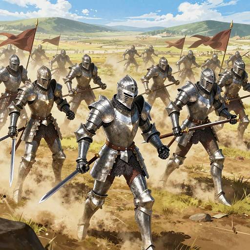 Digital rendering of medieval knights in shiny silver armor, holding swords, charging forward with dust clouds, red flags in background, under blue sky and distant green