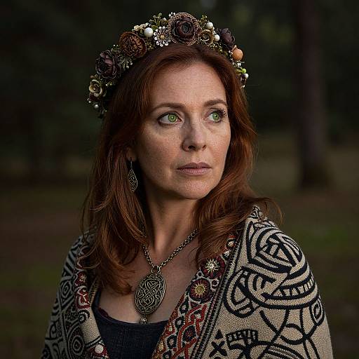 Photograph of a fair-skinned, green-eyed woman with auburn hair, wearing a floral headpiece, intricate shawl, and ornate