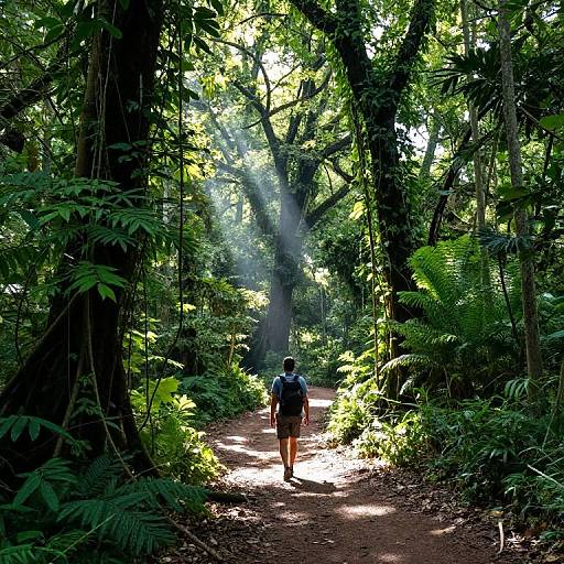 Photograph of a lone hiker with a backpack walking down a sunlit forest path, surrounded by dense green foliage and dappled sunlight beams.