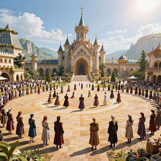 Photograph of a bustling medieval-style castle courtyard with numerous people in period clothing, surrounded by lush greenery and mountains.