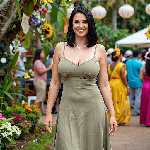 Photograph of a smiling woman with black shoulder-length hair, wearing a green dress, standing in a colorful outdoor garden event.