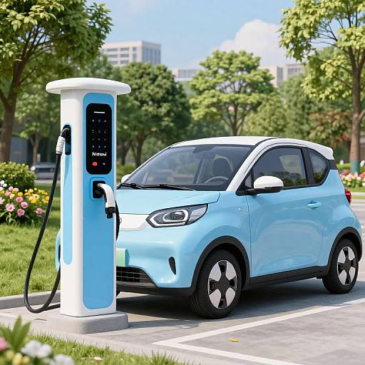 Photograph of a light blue electric compact car charging at a modern, white and blue public charging station in a sunny, green park.