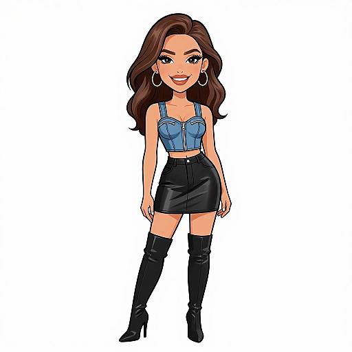 Digital cartoon of a smiling woman with long brown hair, wearing a blue crop top, black leather skirt, and knee-high boots.