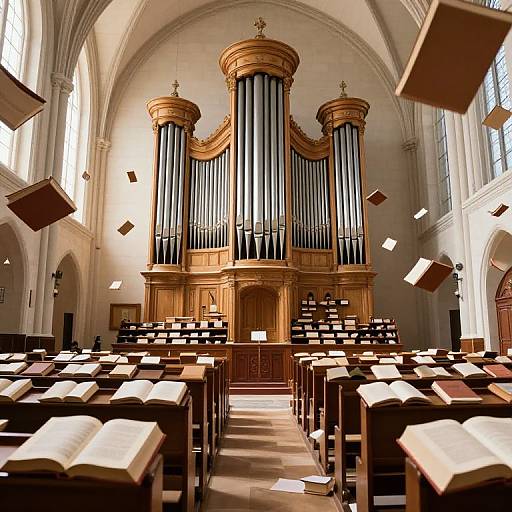 Photograph of a sunlit, Gothic-style church interior with floating books, wooden pews, and a large, ornate pipe organ in the background