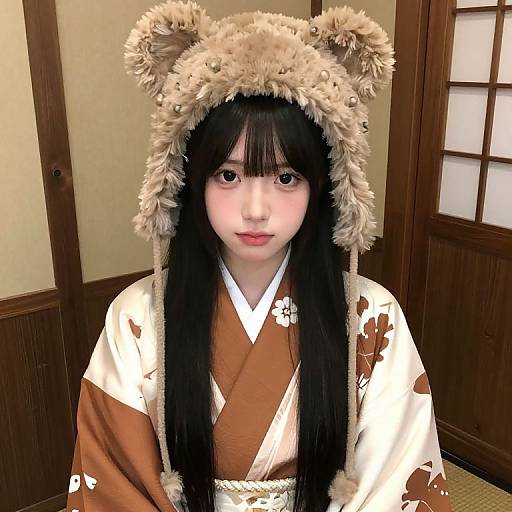 Young Asian woman with long black hair, wearing a fluffy bear ear hat and brown floral kimono, standing in a traditional wooden room.