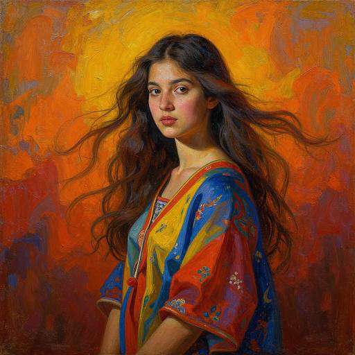 Digital painting of a young woman with long, wavy black hair, wearing a colorful, patterned shawl, against a vibrant orange and yellow abstract
