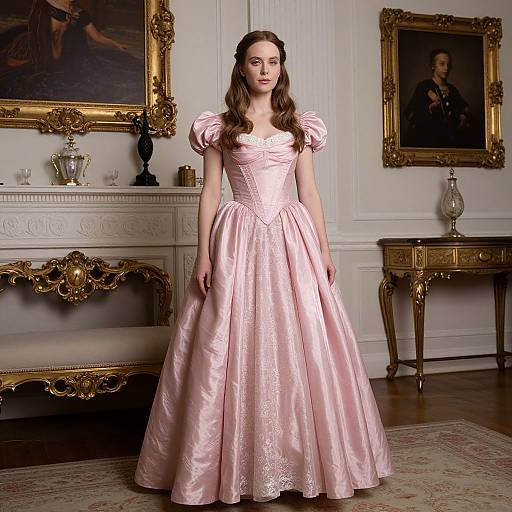 Photograph of a fair-skinned woman with long brown hair, wearing a pink satin ball gown, standing in an elegant, classical room with gold-fr