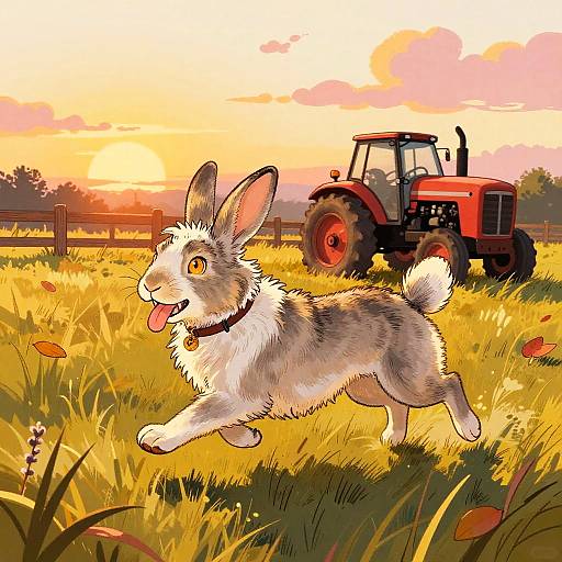 Colorful Cartoon Rabbit in Sunlit Field