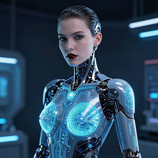 Futuristic Cybernetic Woman in Neon Lab