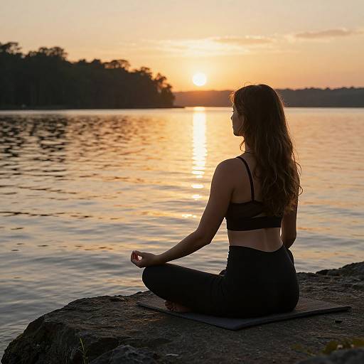 Photograph of a woman with long brown hair in a black sports bra and leggings, sitting in lotus position on a rock at sunset, overlooking a